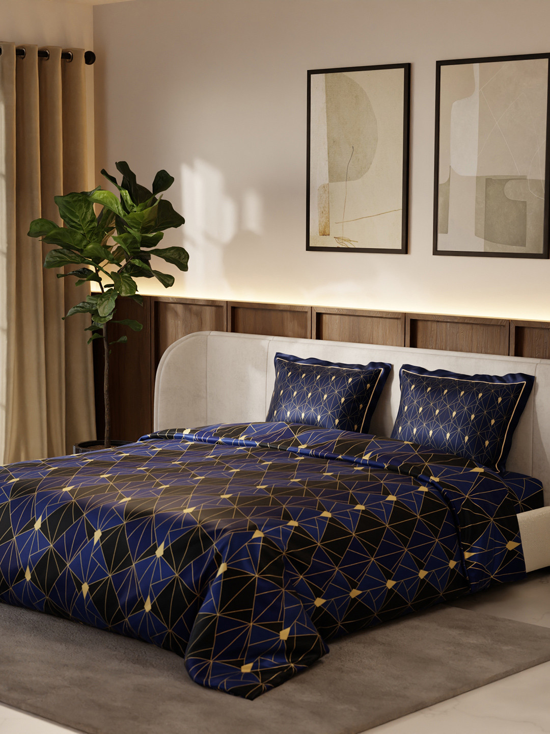 Stoa Paris Lumiere Blue & Black Geometric AC Room 150 GSM Satin King Comforter