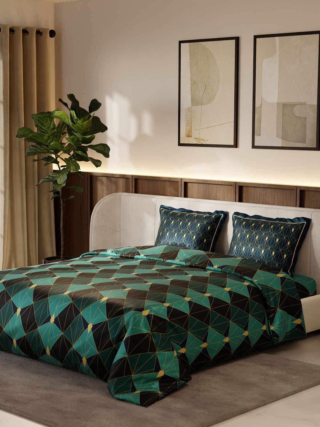 Stoa Paris Lumiere Green & Yellow Geometric AC Room 150 GSM Satin King Comforter