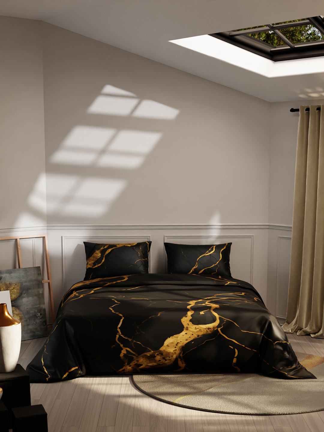 Stoa Paris Louvre Black & Yellow AC Room 150 GSM Satin King Comforter