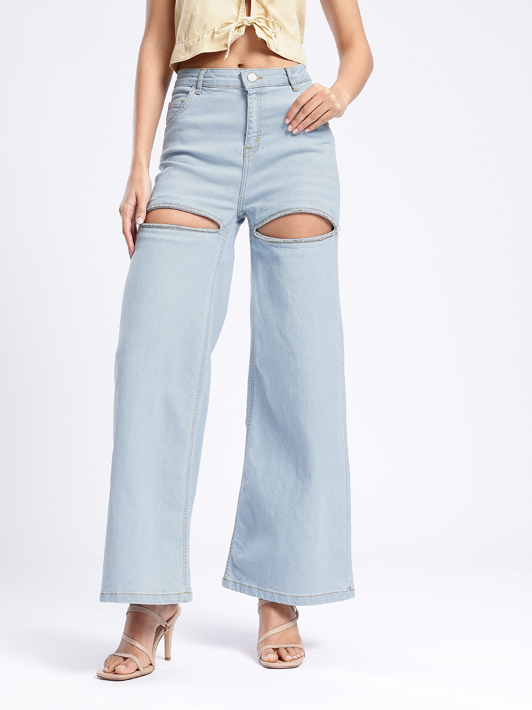 glitchez Women Wide Leg Embellished Cut Out Light Fade Stretchable Jeans