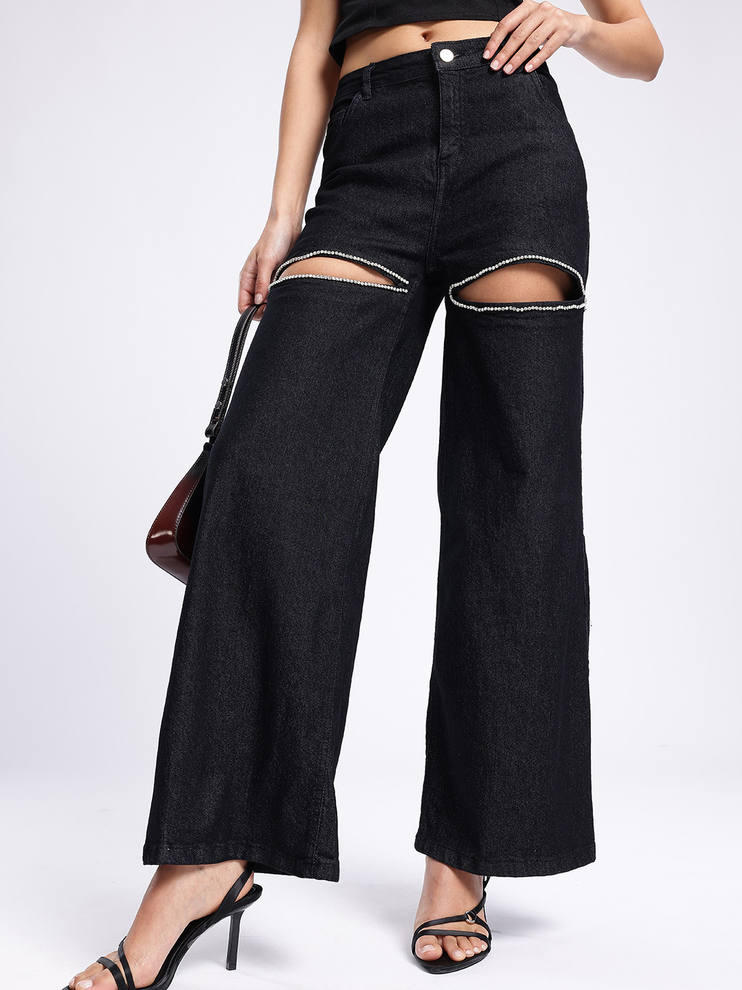 glitchez Women Wide Leg Embellished Cut Out Jeans