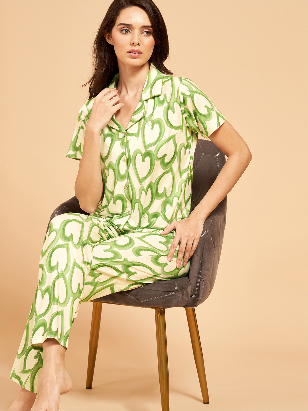 PASTEL CLIP Women Printed Short Sleeves Lapel Collar Night suit