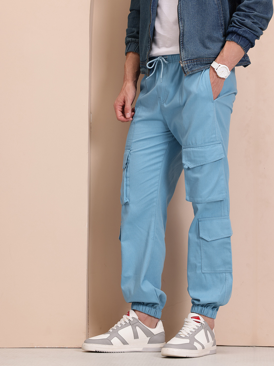 Mast & Harbour Men Twill Weave Tapered Fit Cargo-Jogger Style Trousers