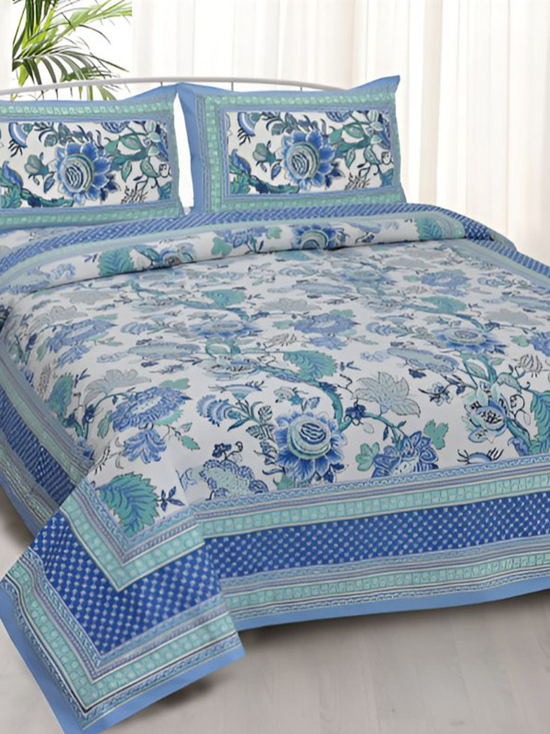 BED-SHEET.COM Blue Floral Cotton 180 TC King Fine Bedsheet with 2 Pillow Covers-108 x 88 inches