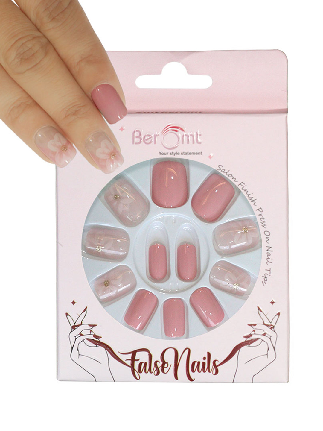 BEROMT Set Of 16 Jelly Stick On Printed Nails With Filer, Cuticle Stick, Swab & Glue