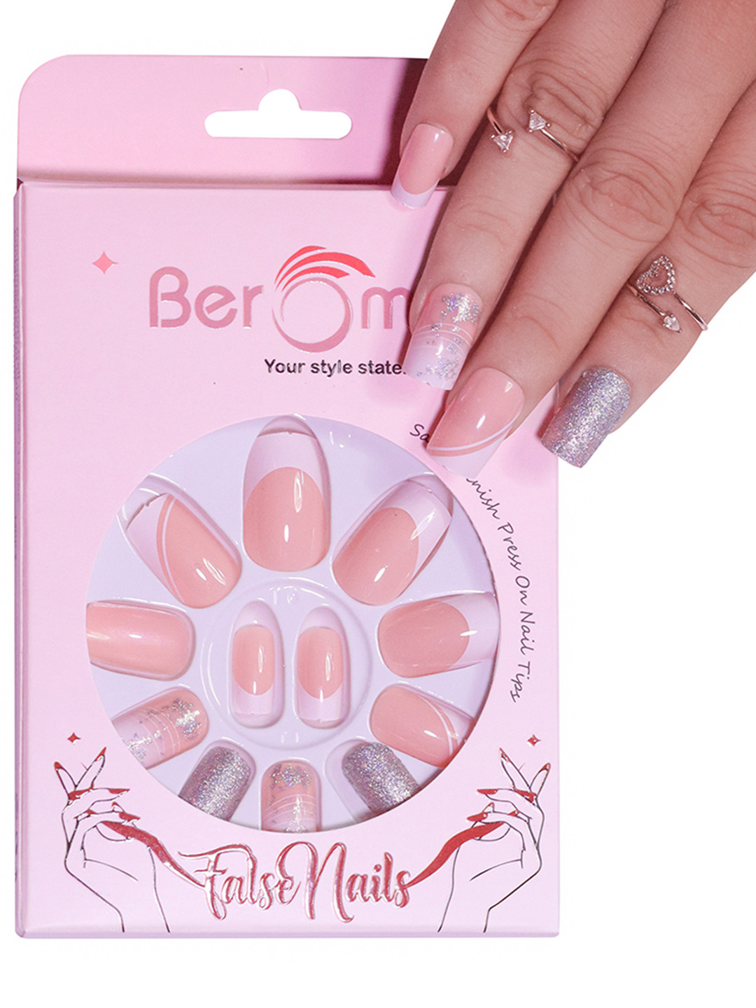 BEROMT Set Of 16 Stick On French Tip Nails With Filer, Cuticle Stick, Swab & Glue
