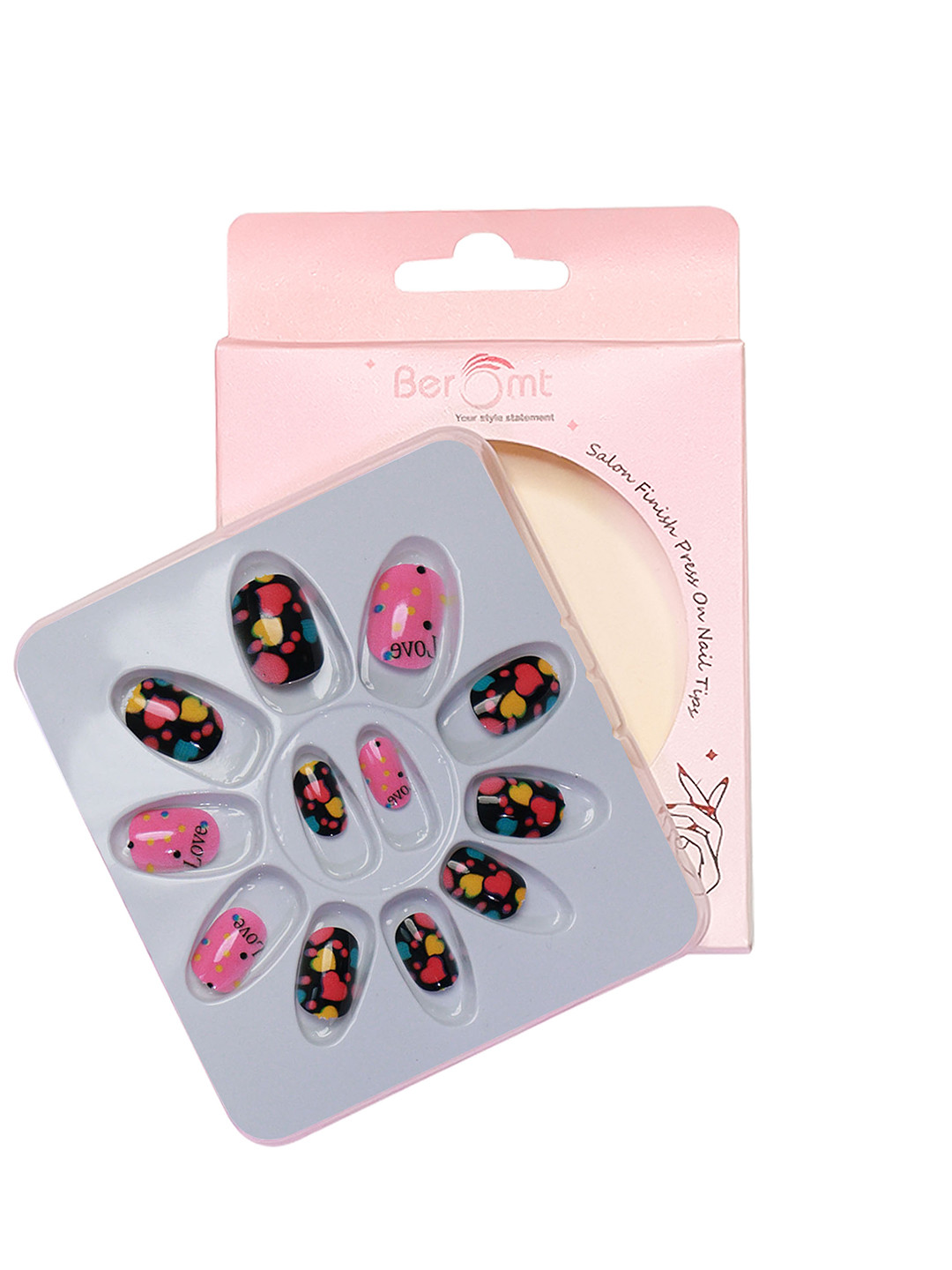 BEROMT Set Of 12 Salon Finish Press On Printed Nail Tip With Application Kit - BFN26KN