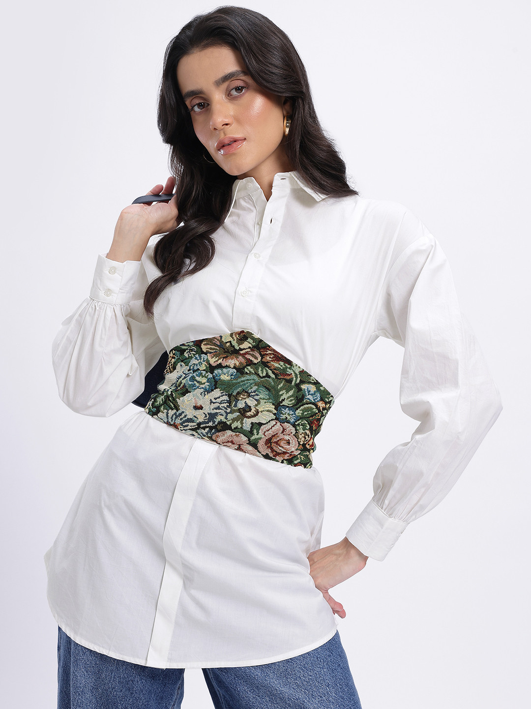 glitchez Poplin Longline Relaxed Fit Shirt with Corset Belt