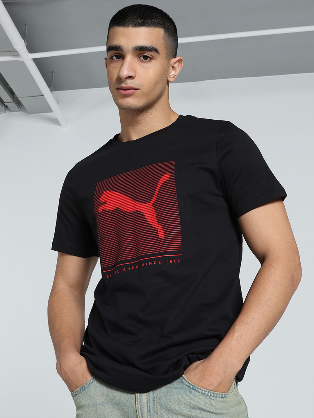 Puma Striped Logo Graphic Men Slim Fit Tee