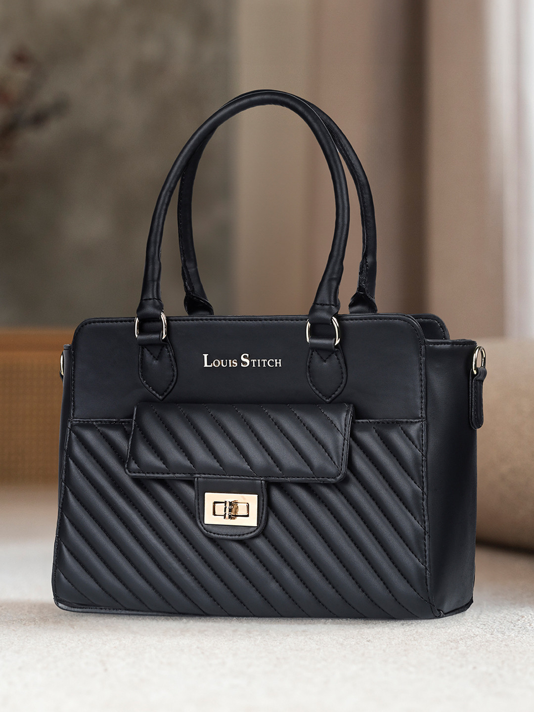 LOUIS STITCH PU Structured Shoulder Bag with Quilted