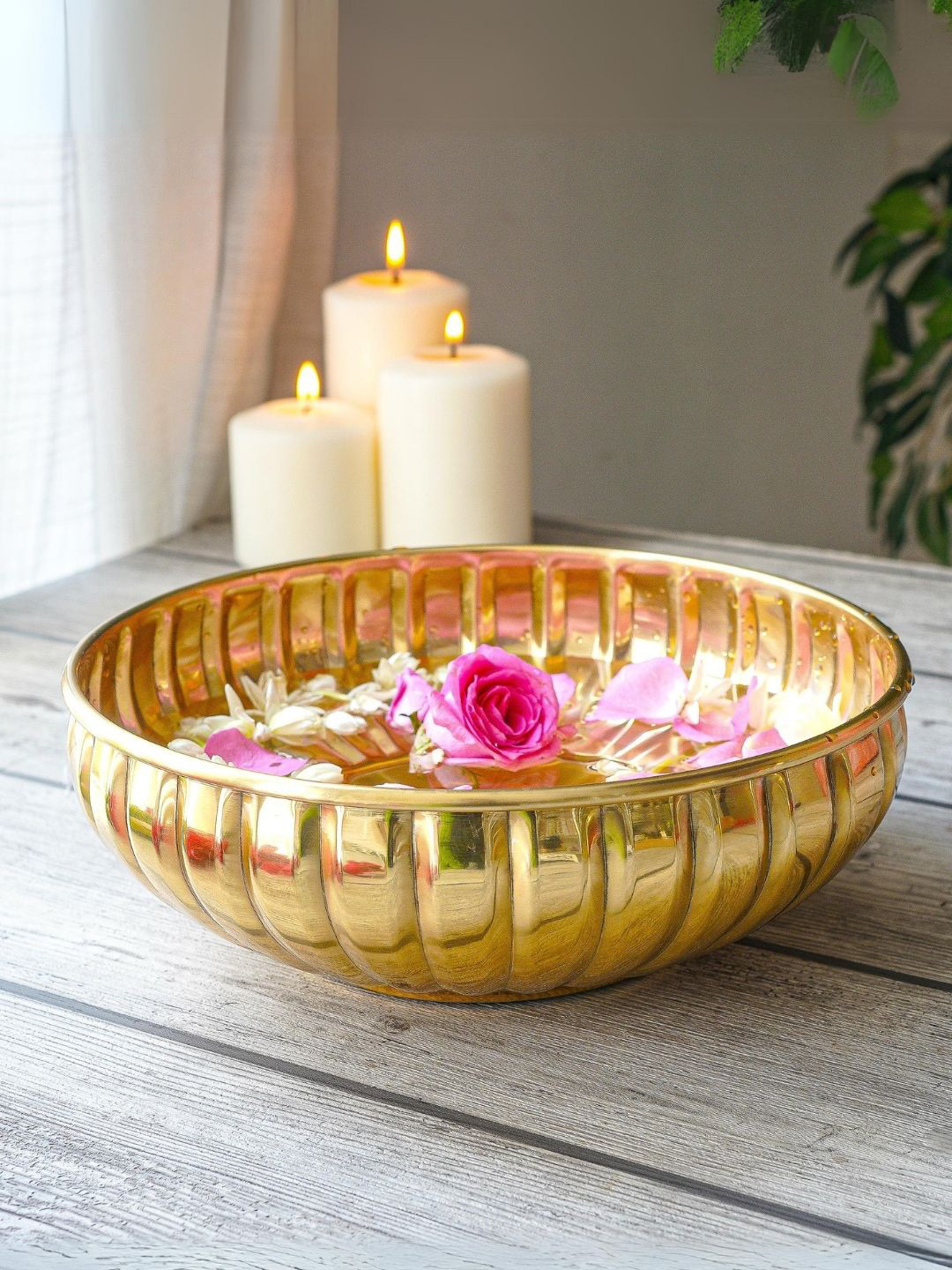 BEHOMA Gold-Toned Aluminum Pumpkin Design Urli Decorative Bowl
