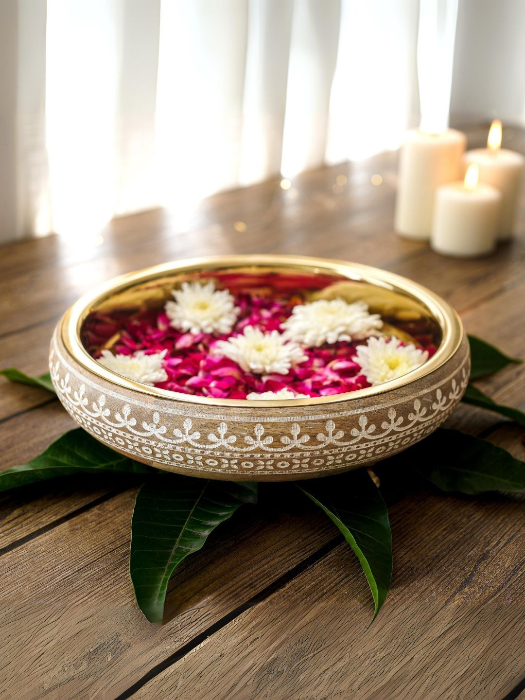 BEHOMA Embossed Floral Patterned Wooden Decorative Urli Bowls