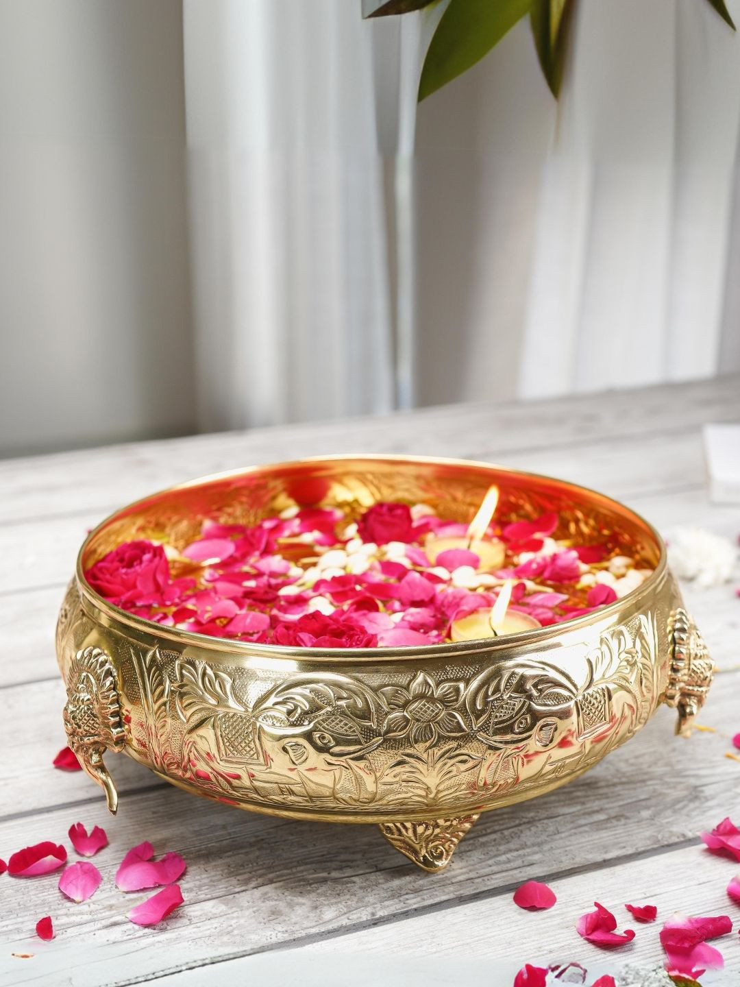 BEHOMA Golden Embossed with Elephant Motifs Design Brass Decorative Urli Bowl