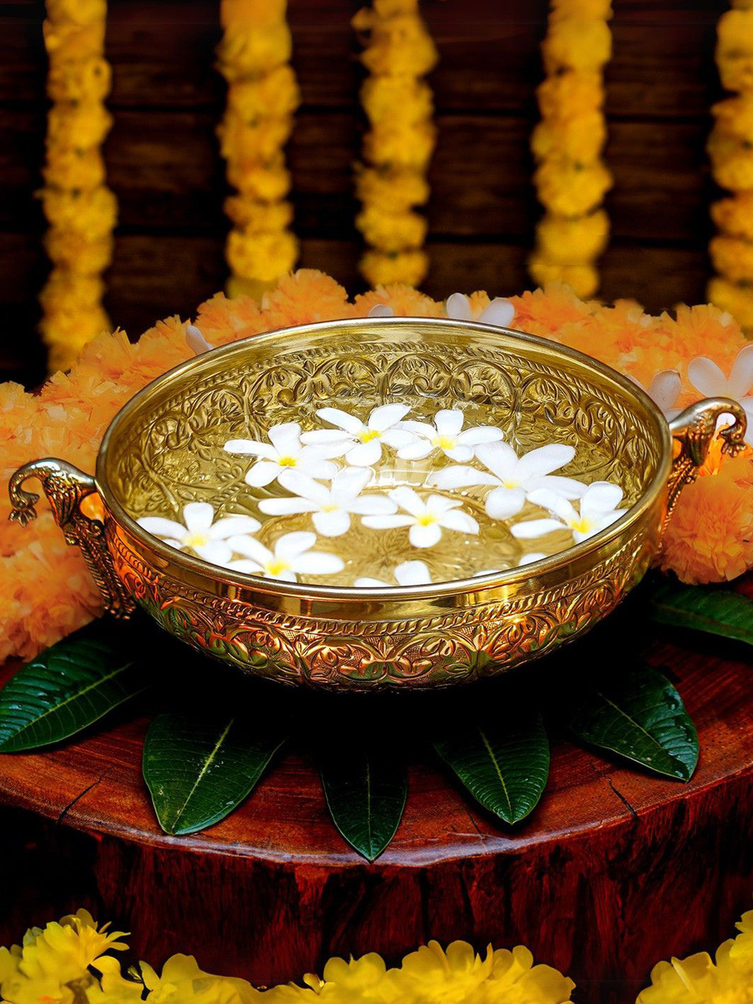 BEHOMA Golden Peacock Design Brass Decorative Urli Bowl