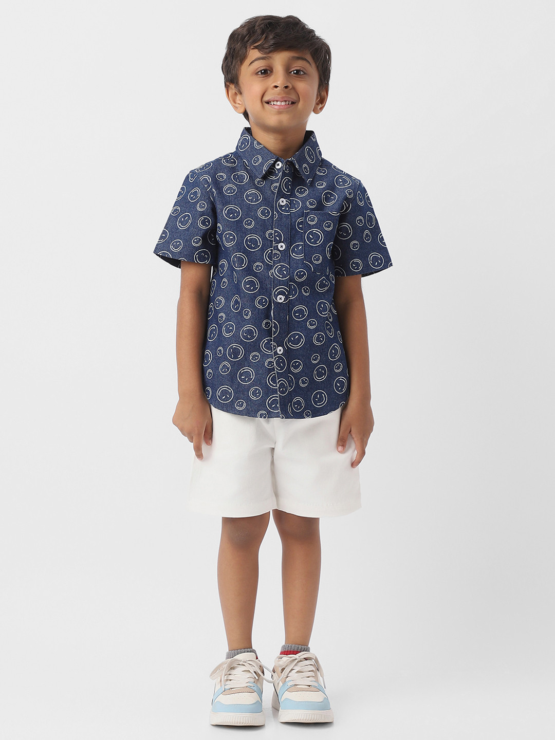 Nautinati Boys' Smiley Print Denim Full Sleeve Shirt with White Cotton Shorts