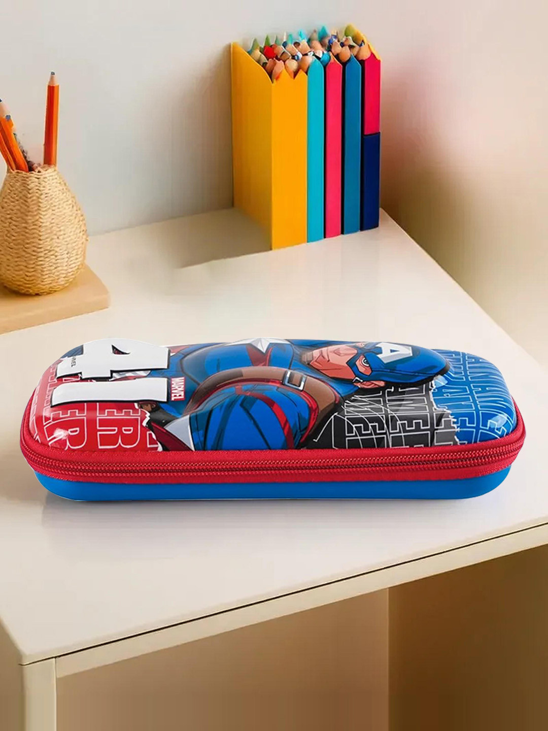 Kuber Industries Red & Blue 3D Captain America Printed Pencil Box with Zip