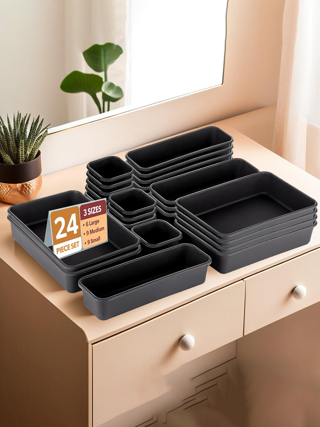 Kuber Industries Black 24 Pieces Multi-Purpose Drawer Organisers