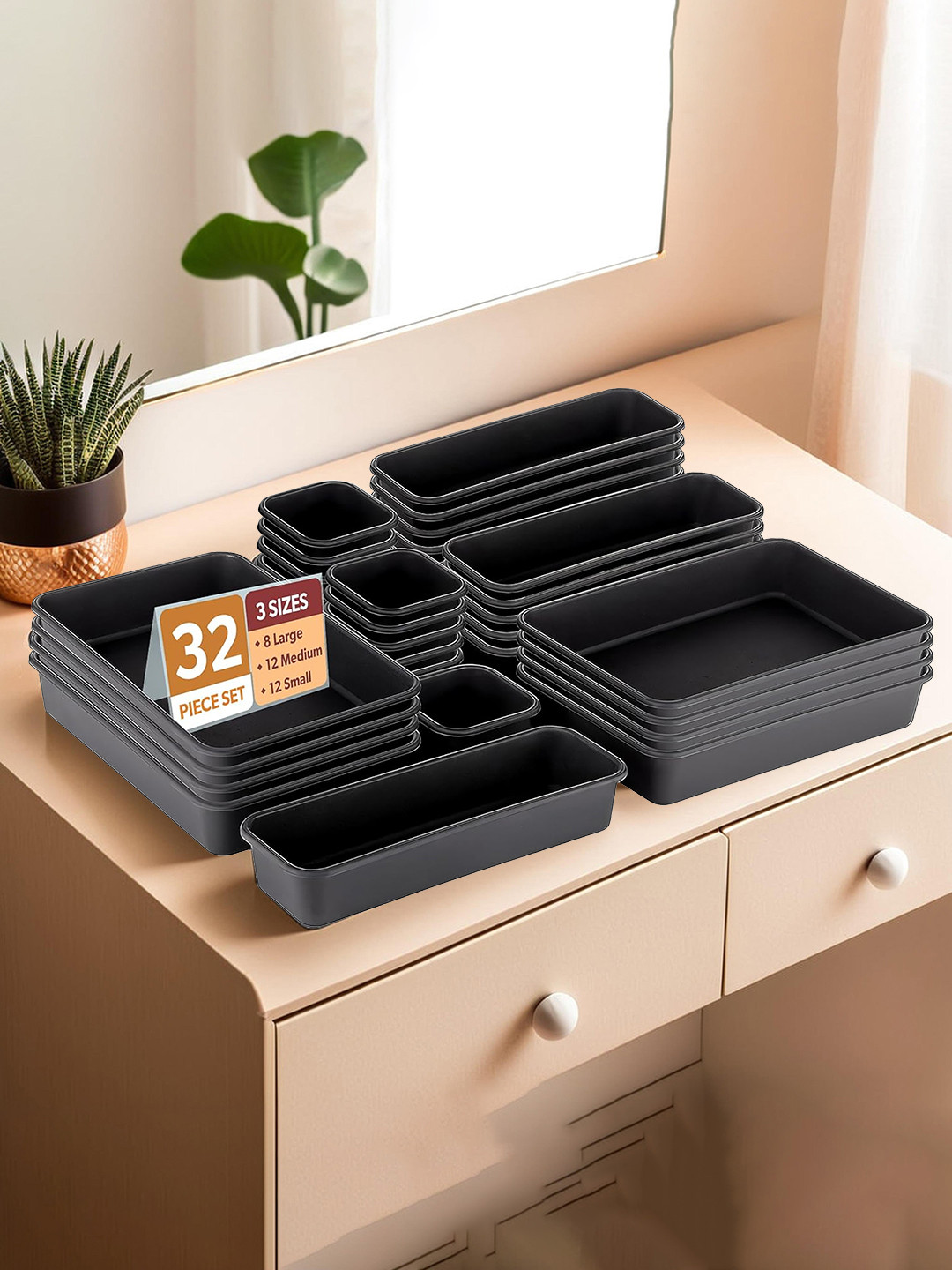 Kuber Industries Black 32 Pieces Multi-Purpose Drawer Organisers