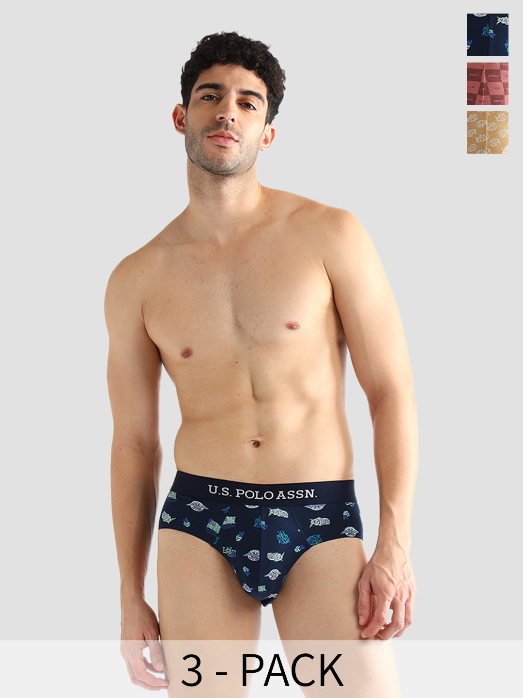U.S. Polo Assn. Pack Of 3 Printed Mid-Rise Seamless Basic Briefs OEB14-FNP-P3