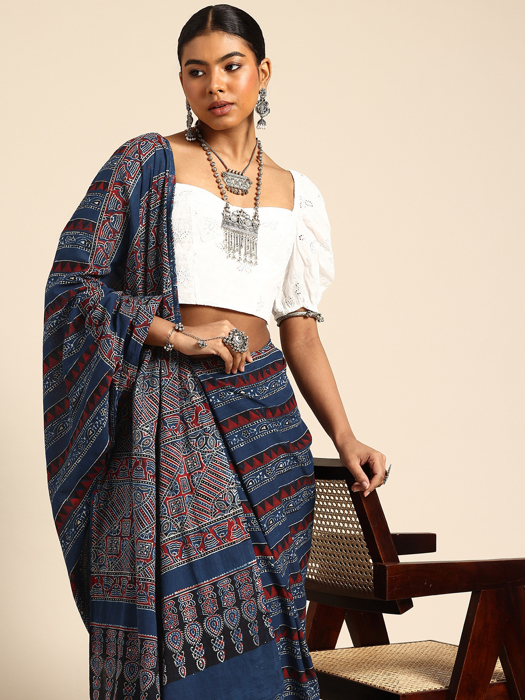 Taavi Ajrakh Hand Block Printed Saree with Zari Border