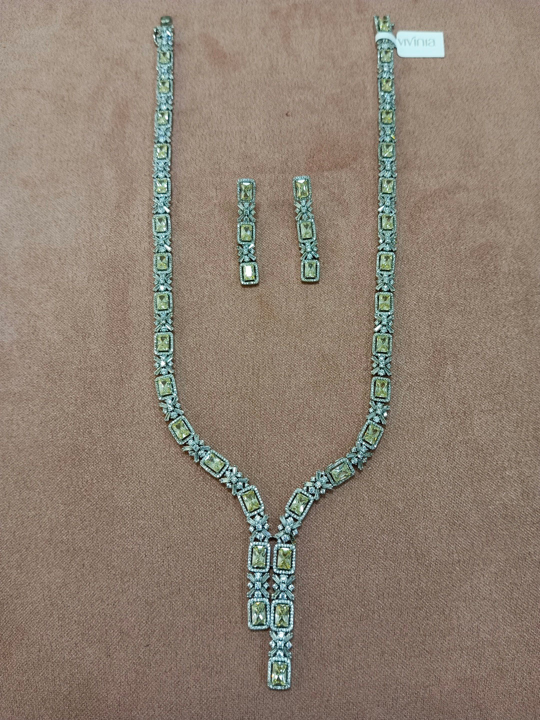 vivinia BY VIDHI MEHRA Womens Silver Plated Yellow Long Necklace Set with Pair of Earrings