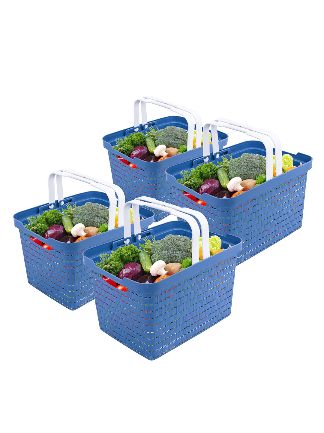 Kuber Industries Blue 4 Pieces Textured Fruit and Vegetable Baskets & Foldable Handles