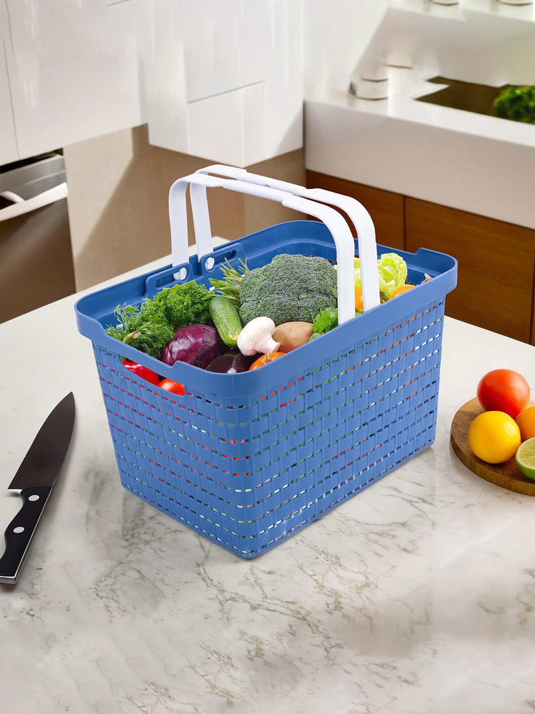 Kuber Industries Blue & White Textured Fruit and Vegetable Basket With Foldable Handles