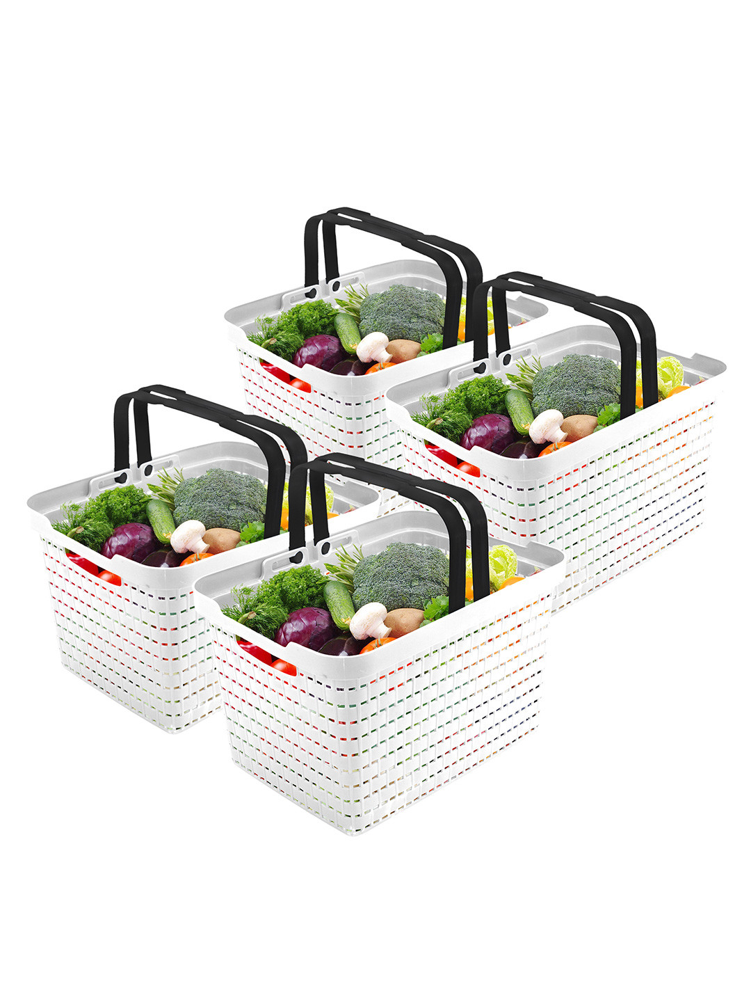 Kuber Industries White 4 Pieces Textured Fruit and Vegetable Baskets & Foldable Handles