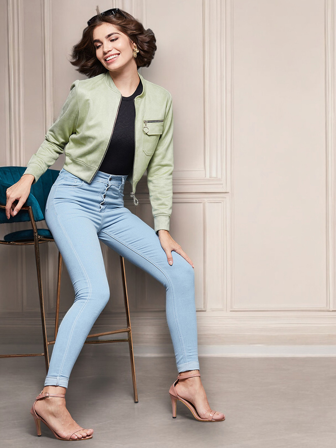 Miss Chase Women Camouflage Suede Crop Bomber with Patchwork Jacket