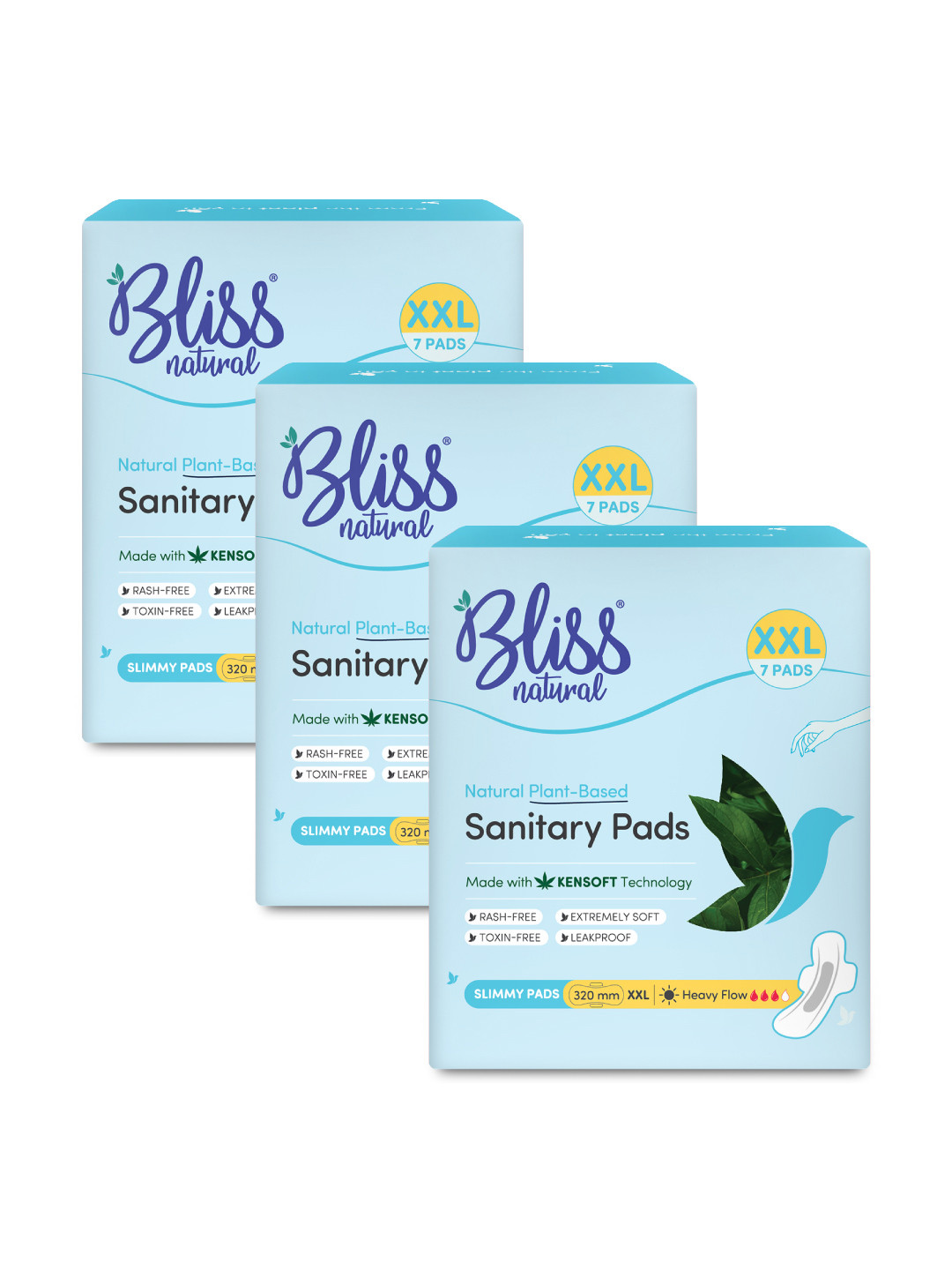BLISSNATURAL Set Of 3 Ultra Thin XXL Plant Based Sanitary Pads For Heavy Flow - 7Pcs Each