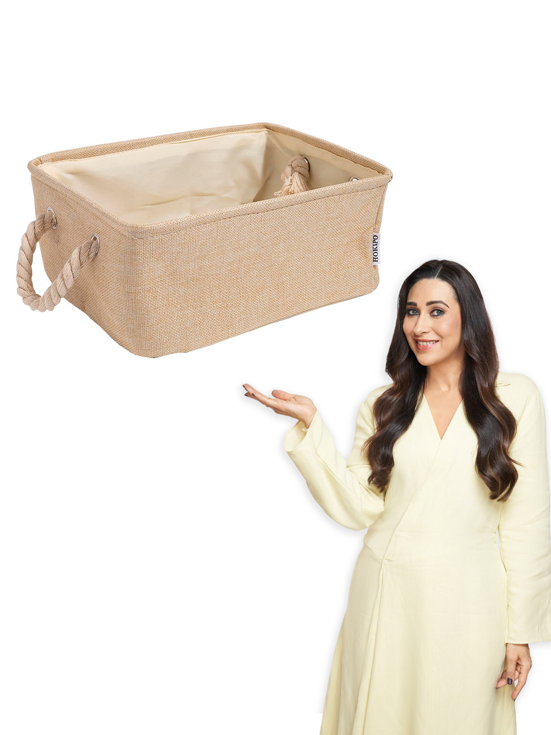 HOKIPO Beige Jute Eco-friendly Foldable Storage Basket With Handles