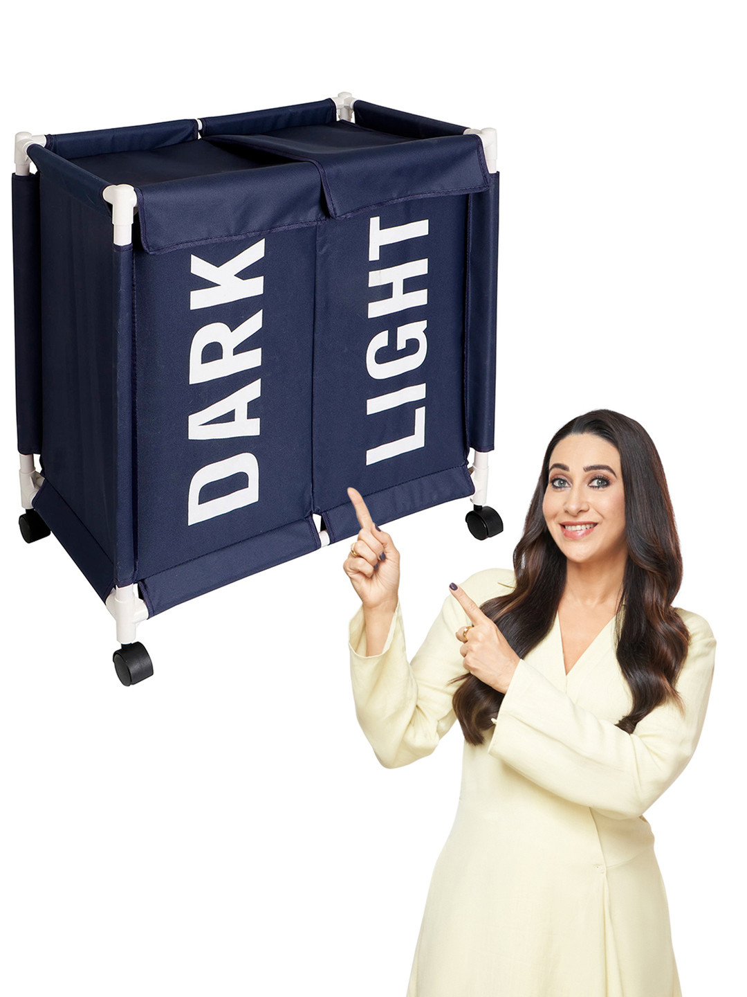 HOKIPO Blue Printed 2 Sectional Laundry Basket With Wheels