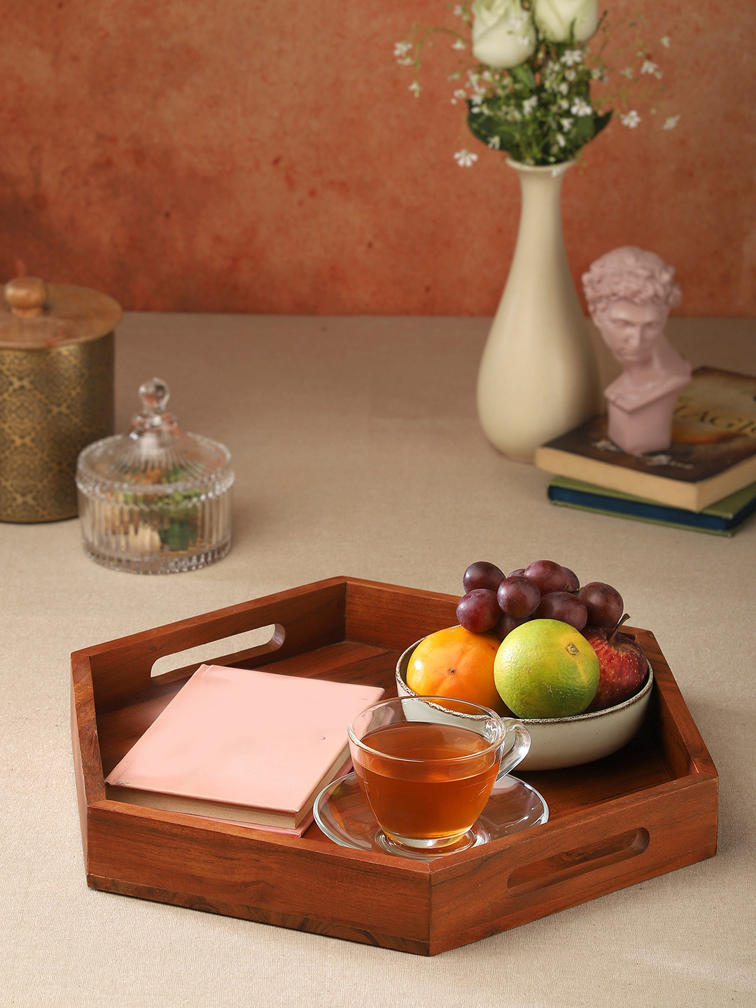ARIYA Brown Wooden Dishwasher and Microwave Safe Hexagon Shape Serving Tray