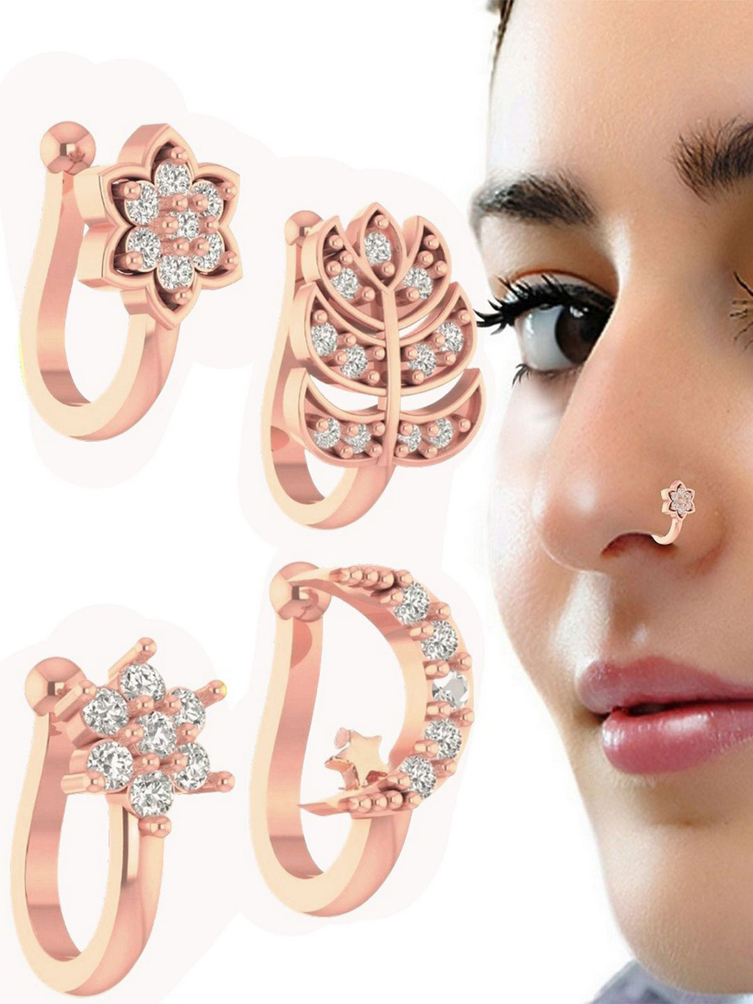 VAMA Women Set of 4 Pcs Diamond Rose Gold Jewellery Clip on Non Piercing Nosepin
