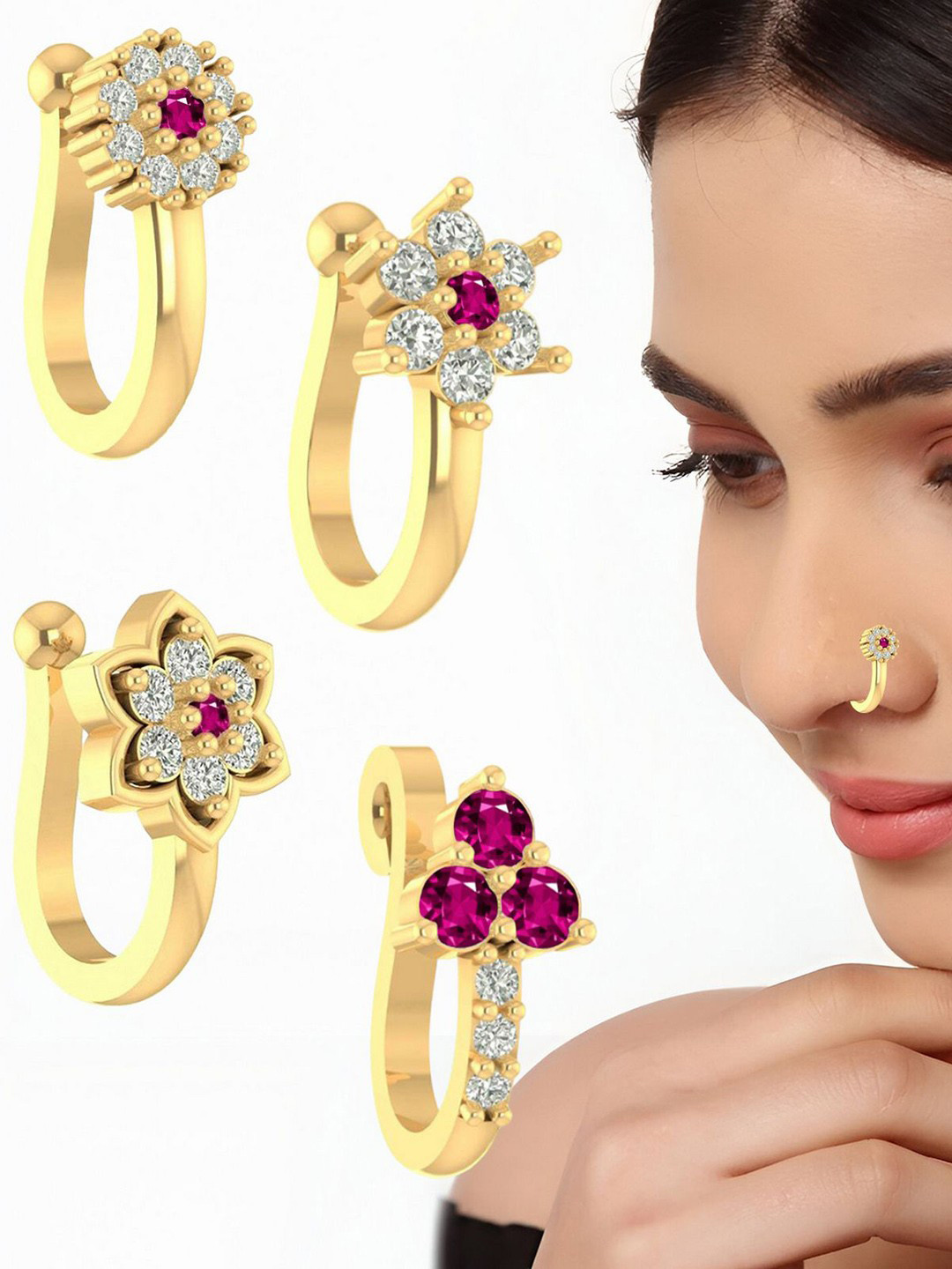 VAMA Women Set of 4 Pcs Gold Plated Pink Ruby Stone Clip on Non Piercing Nosepin