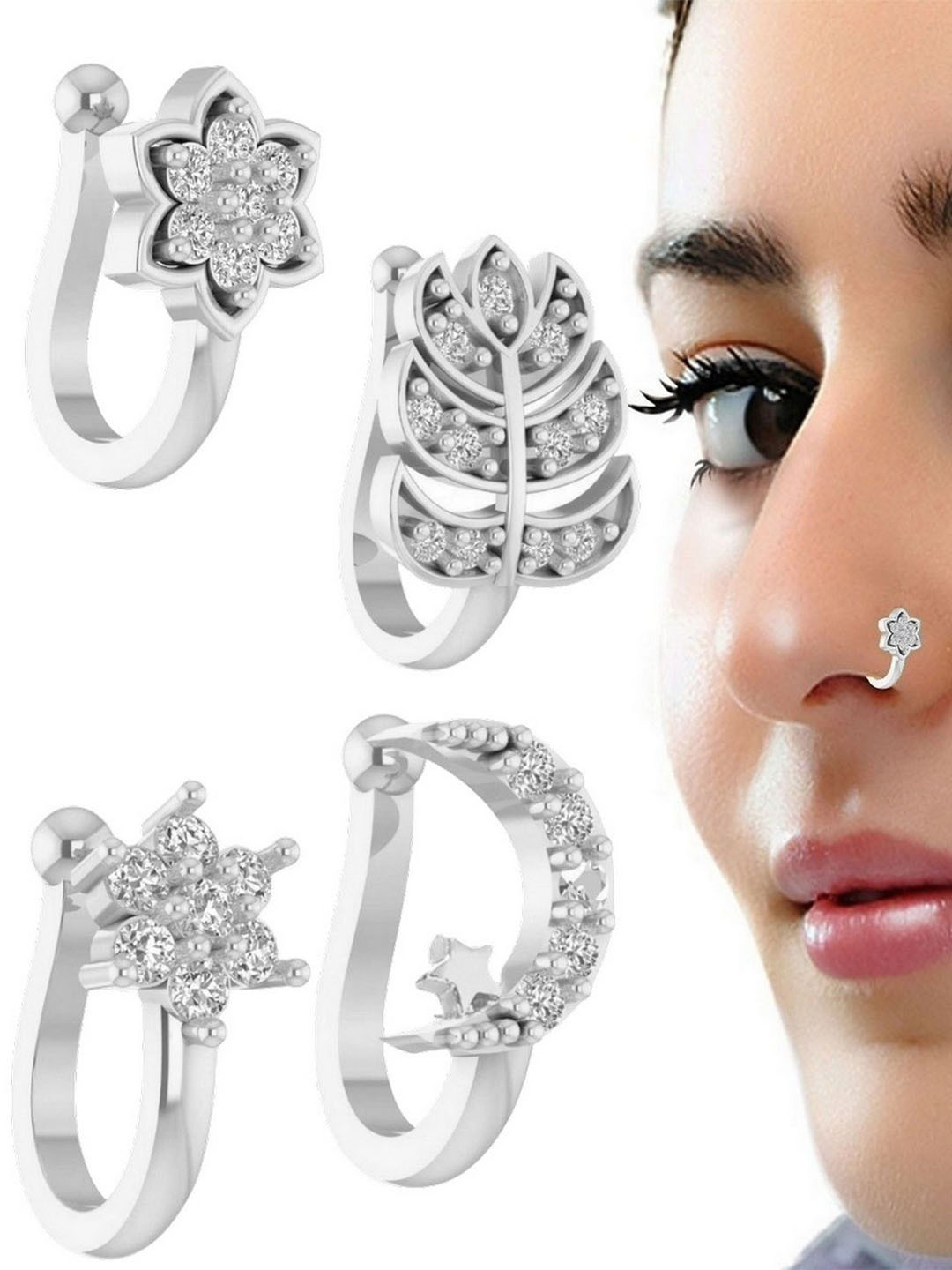 VAMA Women Set of 4 Pcs Diamond Silver Jewellery Clip on Without Piercing Stone Nosepin