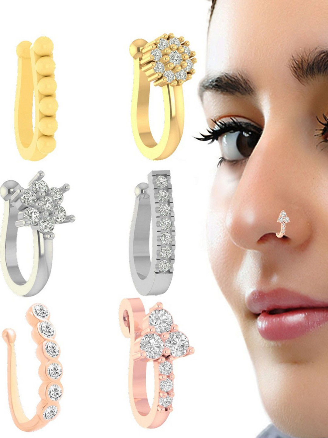VAMA Women Set of 6 Pcs Gold Silver & Rose Gold Clip on Stone Non Piercing Nosepin