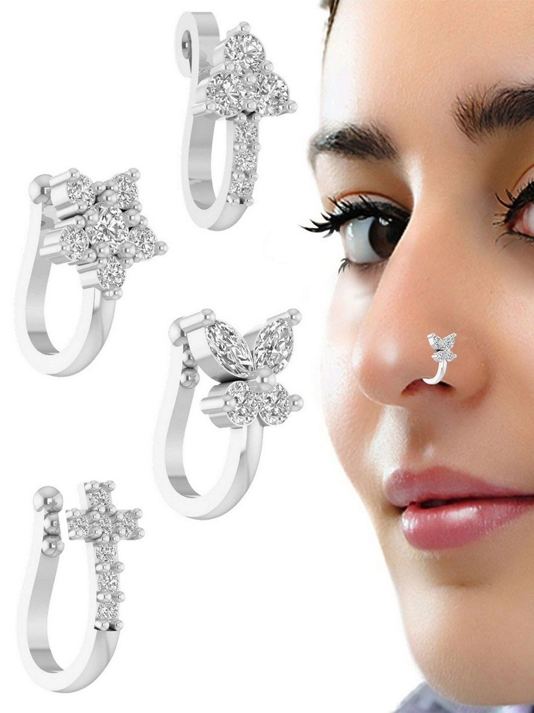 VAMA Women Set of 4 Pcs Silver Plated Clip On White Stone Non Piercing Nosepin