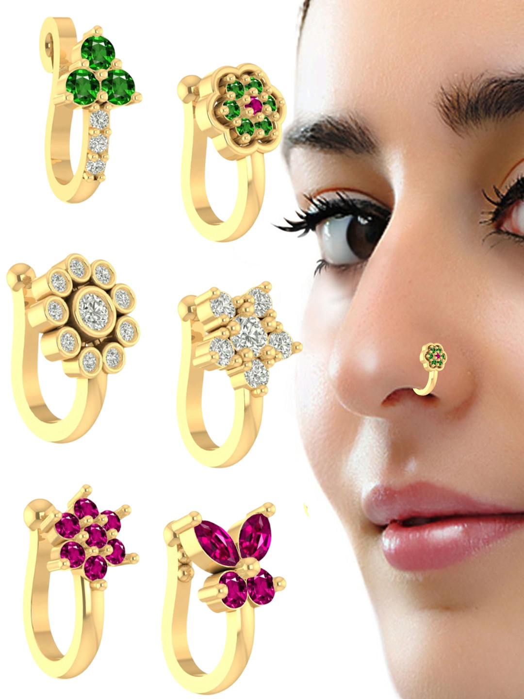 VAMA Women Set of 6 Pcs Gold Plated Diamond Stone Clip On Non Piercing Nosepin