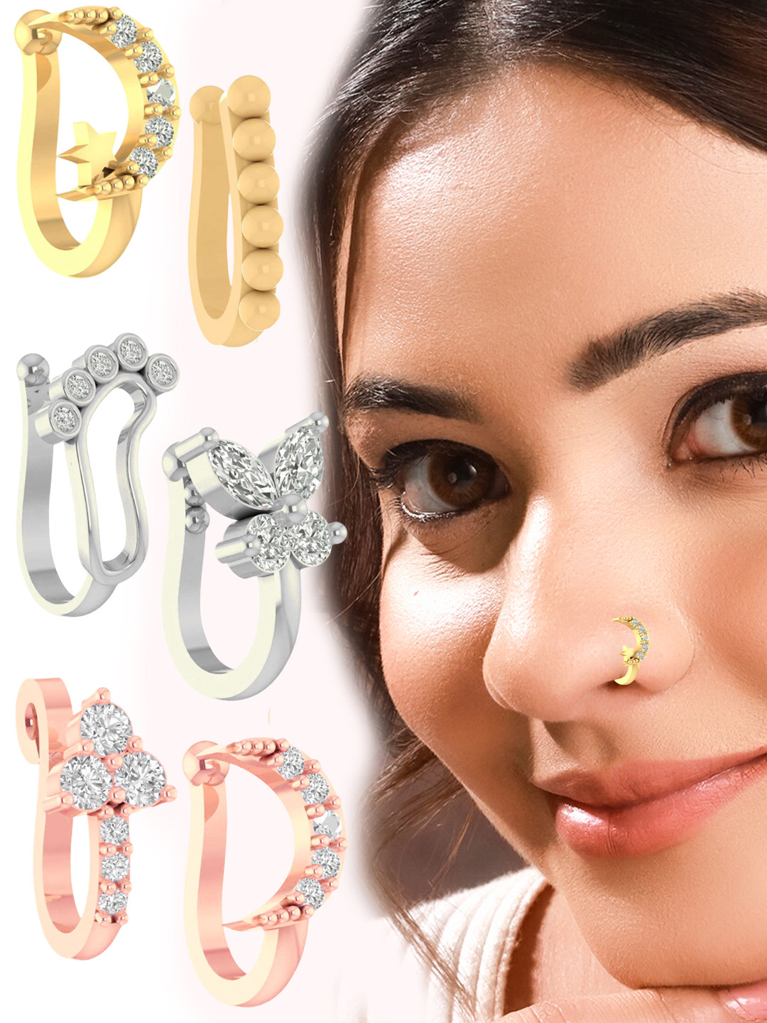 VAMA Women Set of 6 Pcs Gold Silver & Rose Gold Clip on Stone Non Piercing Nosepin