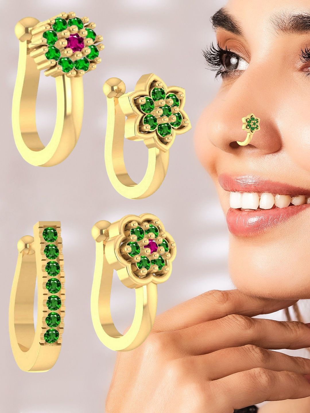 VAMA Women Set of 4 Pcs Emerald Green Stone Gold Clip on Without Piercing Nosepin