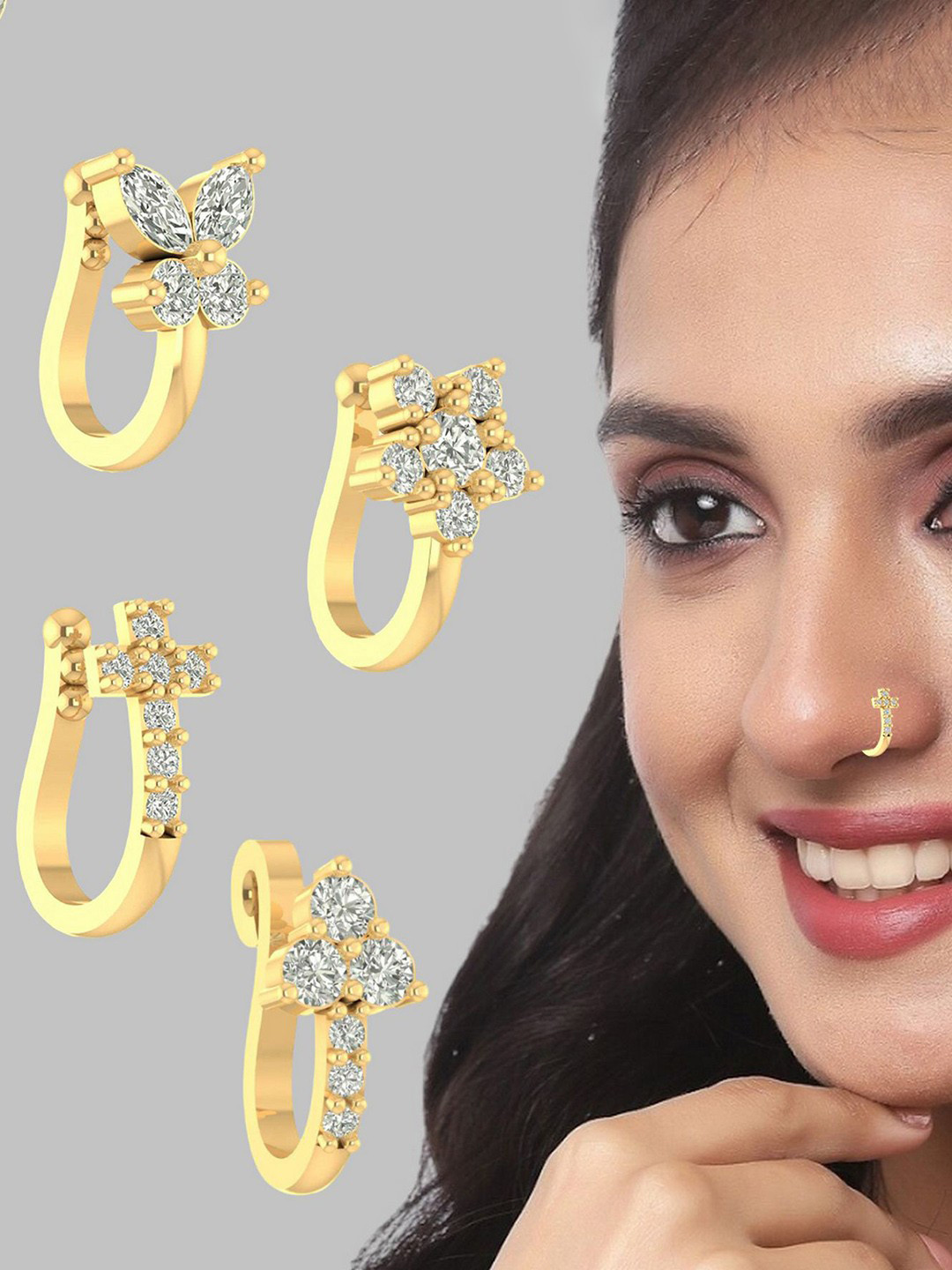 VAMA Women Set of 4 Pcs Gold Plated Clip On White Stone Without Piercing Nosepin