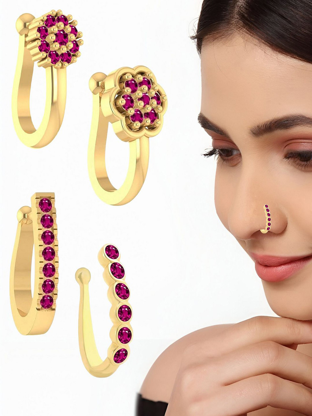 VAMA Women Set of 4 Pcs Gold Ruby Pink Stone Diamond Clip on Non Piercing Nosepin
