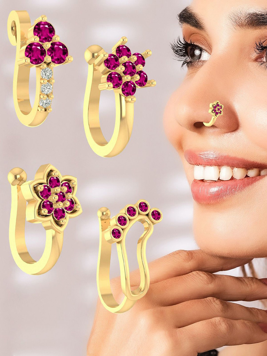 VAMA Women Set of 4 Pcs Gold Plated Pink Ruby Stone Clip on Non Piercing Nosepin