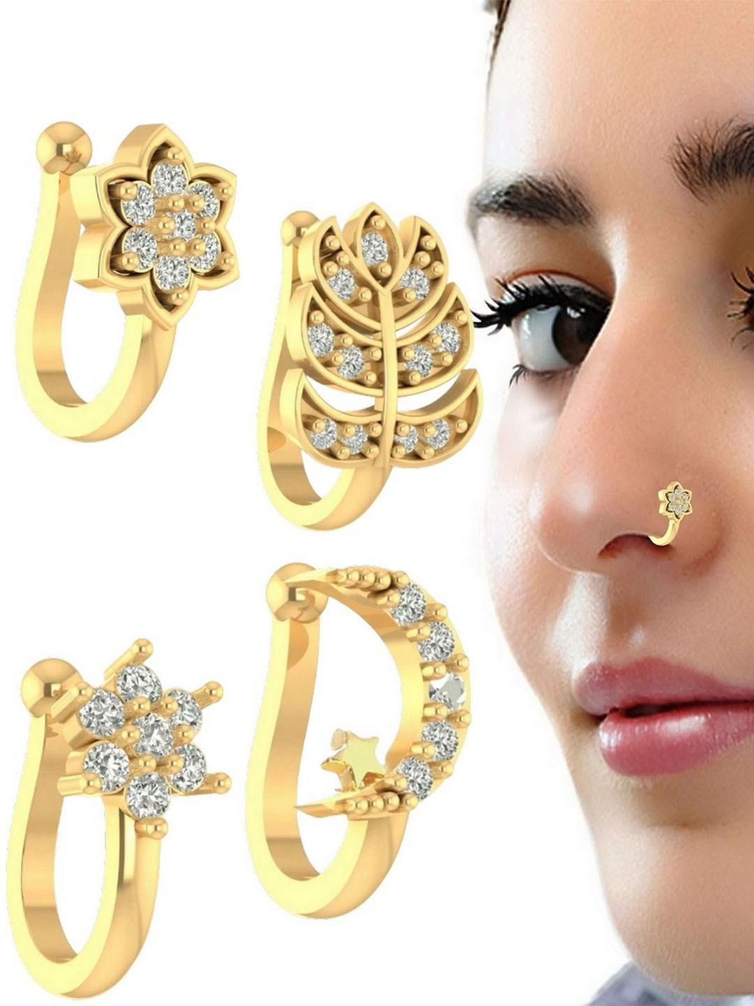 VAMA Women Set of 4 Pcs Gold Jewellery Clip on Without Piercing Stone Nosepin