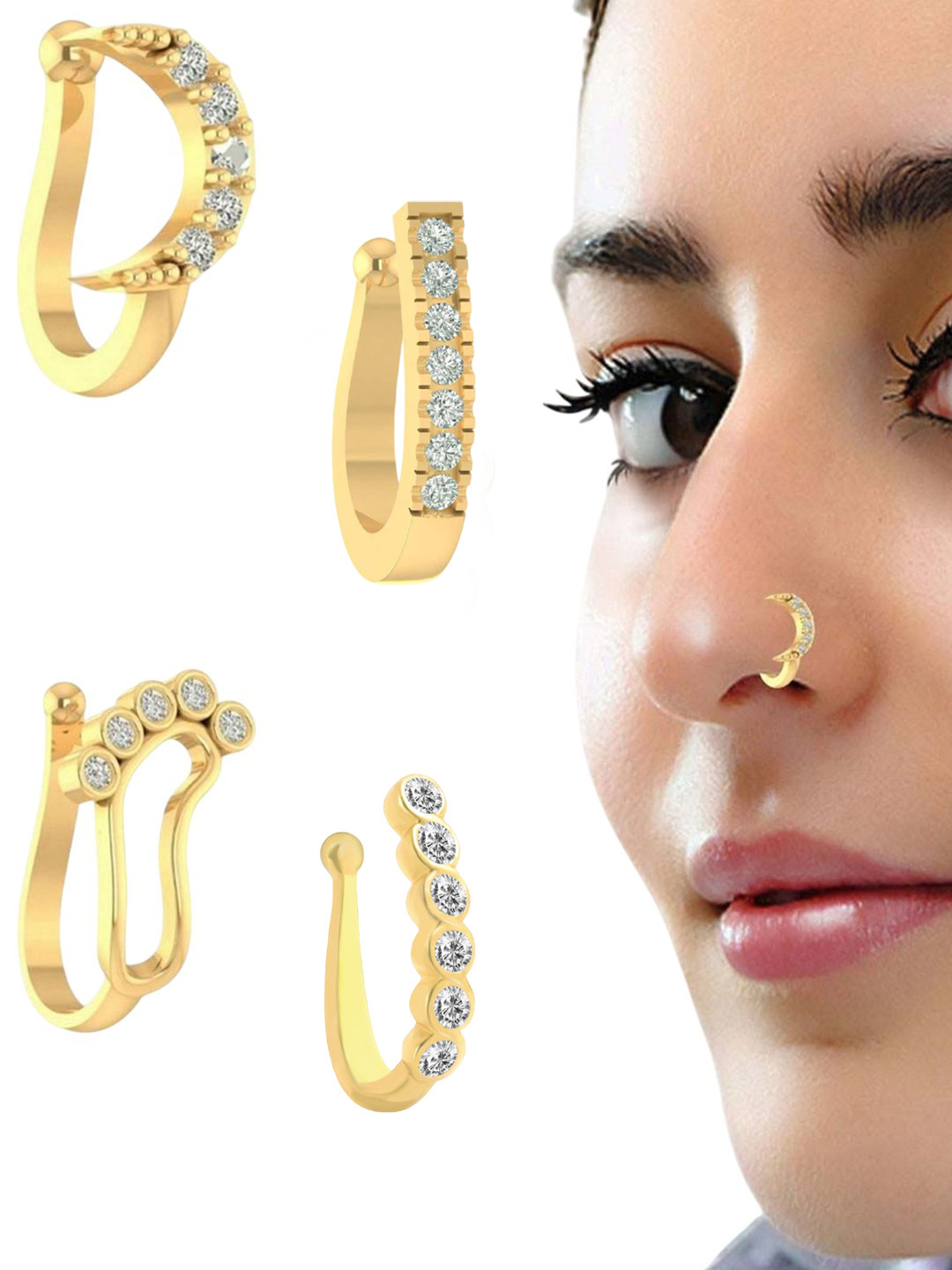 VAMA Women Set of 4 Pcs Diamond Gold Jewellery Clip on Without Piercing Stone Nosepin