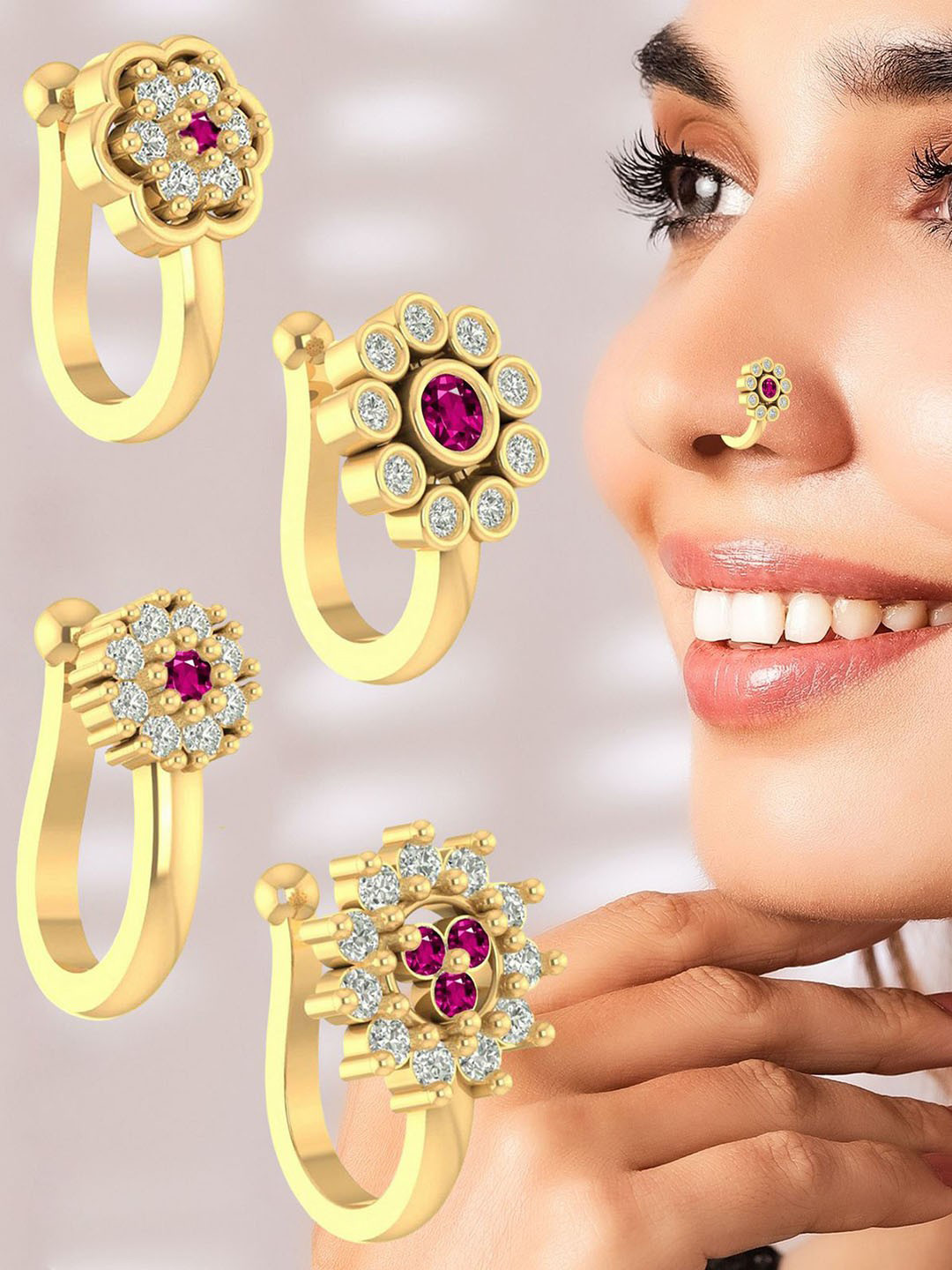VAMA Women Set of 4 Pcs Gold Ruby Pink Stone Diamond Clip on Non Piercing Nosepin