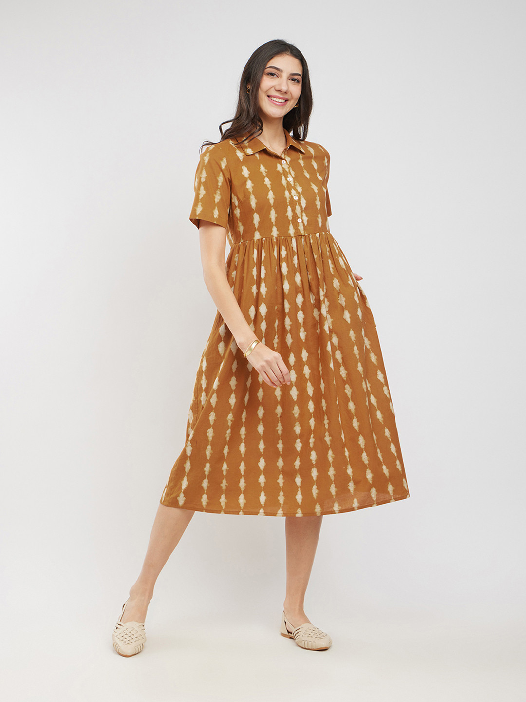 Pink Fort Striped A-Line Midi Dress