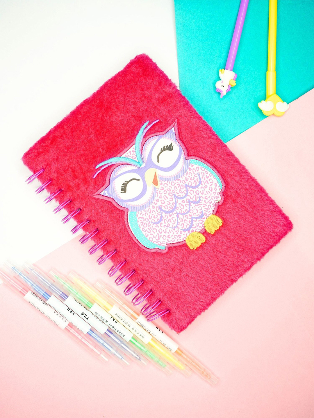 Tinker Squad Plush Cover Spiral Dairy Notebook Set with 6 Pcs Highlighter Pens Stationery