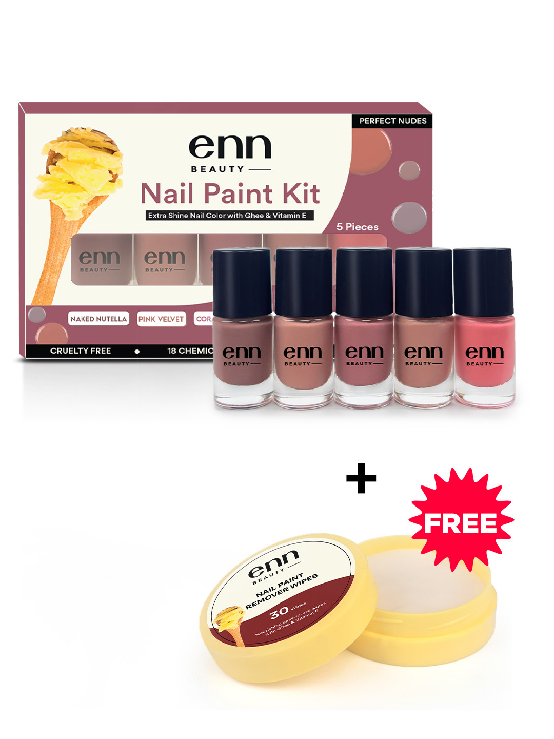 ENN Set Of 5 Vitamin E Nail Color & Nail Remover Wipes - 7ml Each - Perfect Nudes
